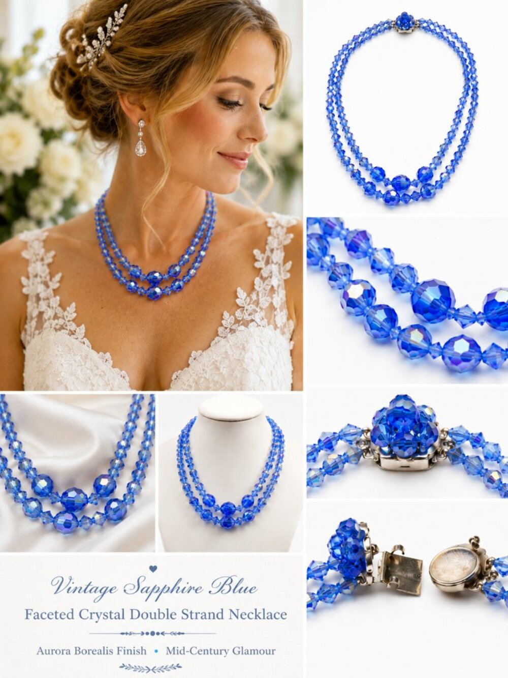 Vintage Sapphire Blue AB Faceted Crystal Double-Strand Necklace 18”